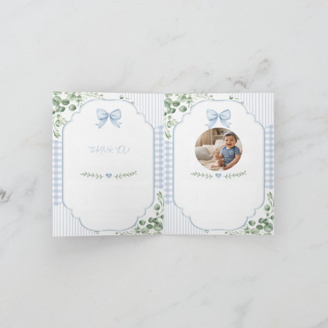 Blåa Bow Gingham Greenery Baby Shower Foto  Tack Kort (Inuti)