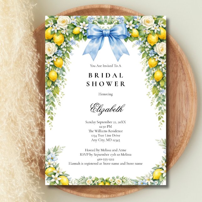 Blåa Bow Lemons Florals Bröllopsdusch Inbjudningar (Blue Coquette Bow, Mediterranean Lemons Florals Bridal Shower Invitation. Digital or Printed)