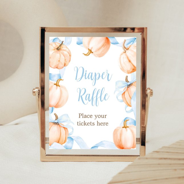 Blåa Bow Pumpa Baby Shower Blöja Lotteri Skylt (Boy Bow Pumpkin Baby Shower Diaper Raffle SIgn)
