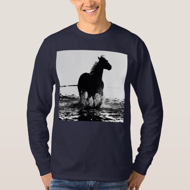 Blåa Eleganten Modern Running Horse Pop Art T Shirt (Framsida)