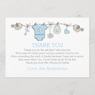 Blåa elegantens babygokläder tack för BABY SHOWER Kort