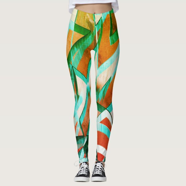 Blåa eller cyanstreak över den röda, röda orangen leggings (Framsida)