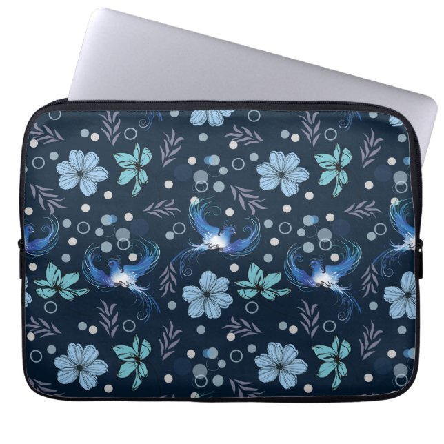 Blåa fåglar och blomsterharmoni Sömlöst mönster Laptop Fodral (Framsidan)