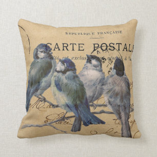 blåa fåglar, vykort för fransk, shabby chic kudde