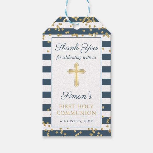 Blåa första Heligan i guld-Glitter Presentetikett (Framsidan)