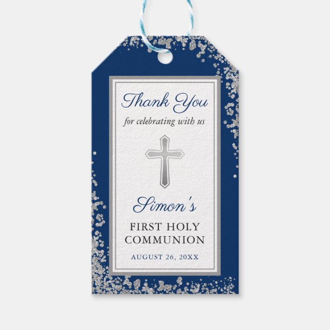 Blåa första Heligan i silver-Glitter Presentetikett (Framsidan)