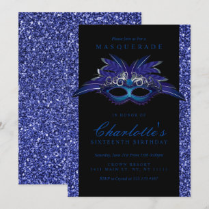 Blåa Glitter maskerade partiinbjudningar Inbjudningar