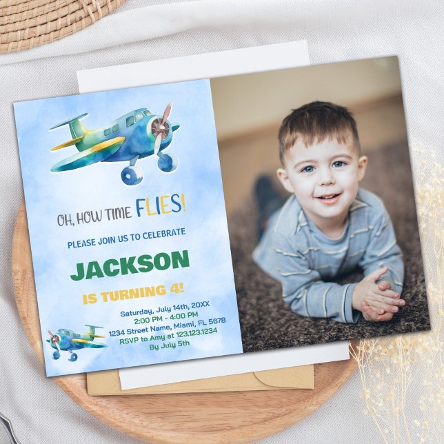 Blåa Gröntar med foto Inbjudningar (Airplane Birthday Invitations Blue Green w photo)