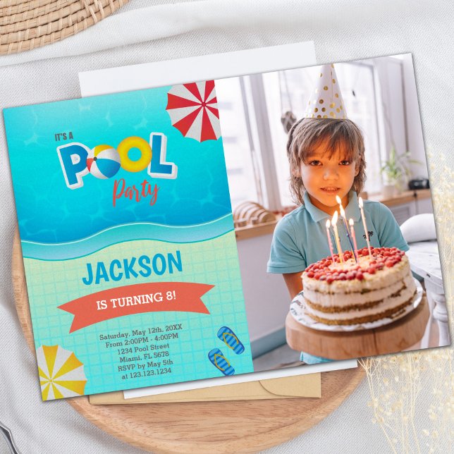 Blåa Grönten Bassäng-födelsedagsinbjudningar med f Inbjudningar (Blue Green Pool Birthday Invitations with photo)