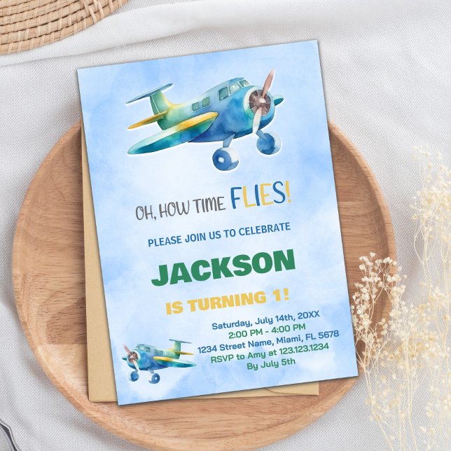 Blåa Gröntens flygplansinbjudningar Inbjudningar (Blue Green Airplane Birthday Invitations)