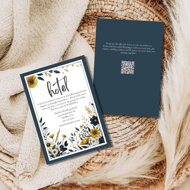 Blåa gula blommor formell elegant bröllop hotell tilläggskort (Blue Yellow Formal Elegant Wedding Hotel Information Card with hotel details and reservation info.)
