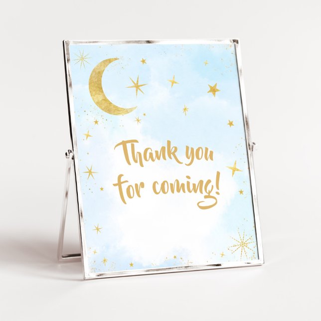 Blåa Guld över Måne Baby Tack för att du kom Poster (Moon and Stars Baby Shower Thank you for Coming Sign)
