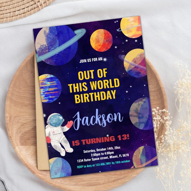 Blåa Gult Rymden-födelsedagsinbjudningar Inbjudningar (Blue Yellow Outer Space Birthday Invitations)