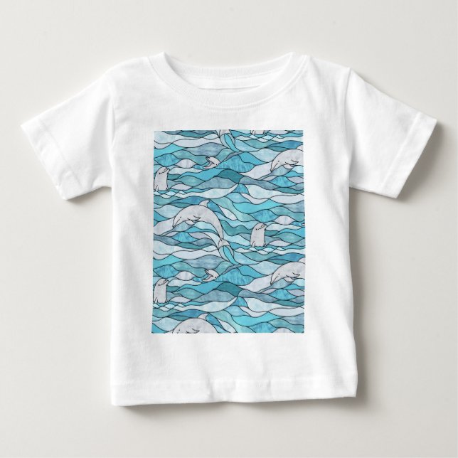 Blåa Havet Glasfärgade Delfiner T Shirt (Framsida)