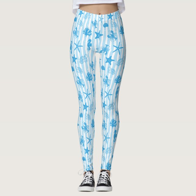 Blåa havsdjur Nautilus Doodle-mönster Leggings (Framsida)