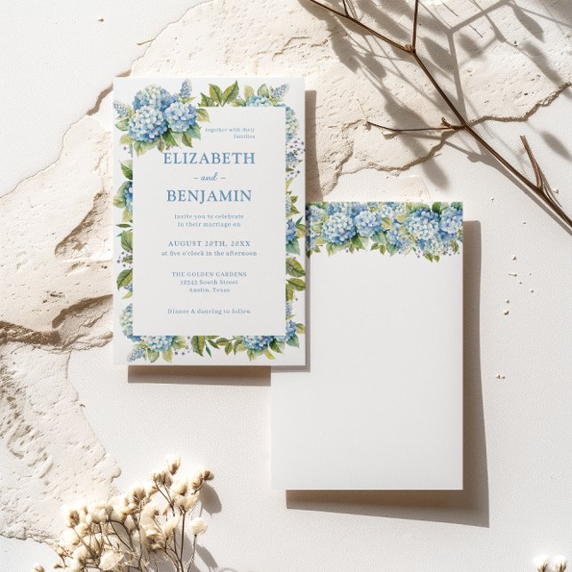 Blåa Hydrangea i akvarell - Bröllop Inbjudningar (Front / Back)