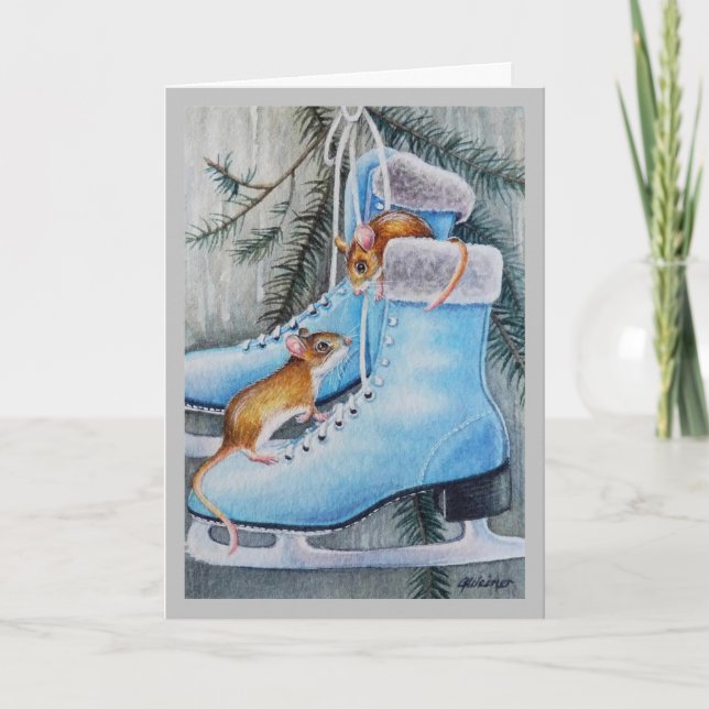 Blåa Ishockeyskridskor & Möss Jul Hem Aquarell Kon Kort (Framsida)