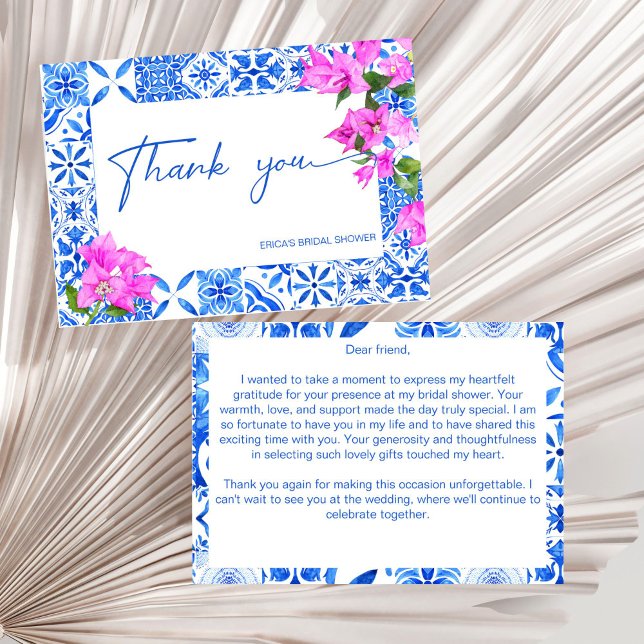 Blåa kakel Bougainvillea elegant bröllopsdusch Tack Kort (Blue Tiles Bougainvillea Mediterranean elegant bridal shower Thank You Card )