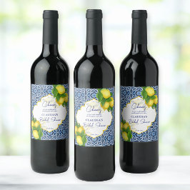Blåa kakel lemon Amalfi bröllopsfest fest anpassad Vinflaska Etikett