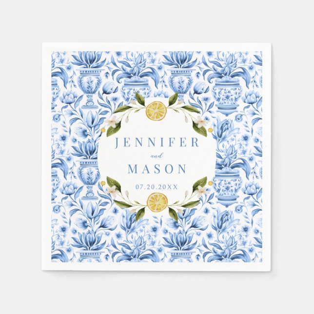 Blåa kakelcitron italienska bröllopspappersservett pappersservett (Framsidan)