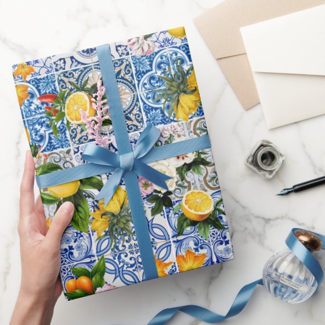 Blåa kakelplattor Medelhavsmönster Presentpapper (Gifting)