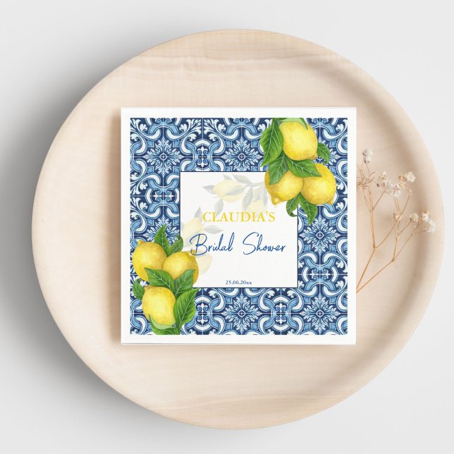 Blåa kakelplattor och citron Amalfi bröllopsfest s Pappersservett (Blue tiles and lemon Amalfi bridal shower custom Napkins personalized bridal shower tableware)