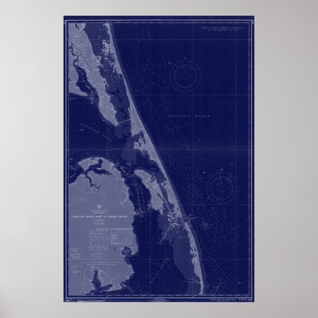 Blåa konst i yttre Banker NC OBX Karta Nautical Ch Poster (Framsidan)