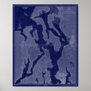 Blåa konturteckningar i Puget Ljud Seattle WA Kart Poster