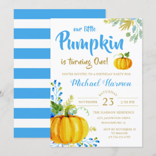 Blåa, lilla Pumpkin Fall Boy Birthday-inbjudan Inbjudningar