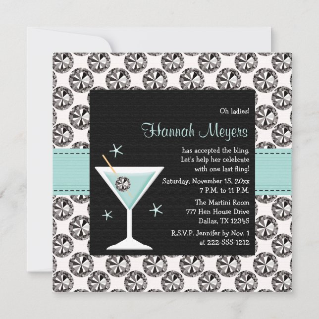 Blåa Martini Diamond Bachelorette Party-inbjudan Inbjudningar (Framsida)