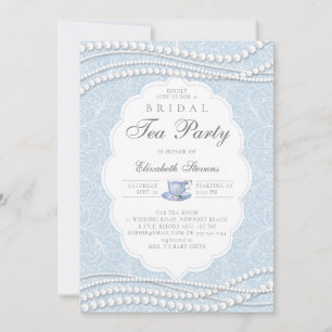 Blåa Möhippan Tea Party Elegant Snöre Pearls Blue Inbjudningar
