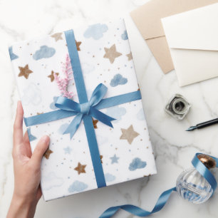 Blåa moln Gula stjärnor på vit baby shower Presentpapper