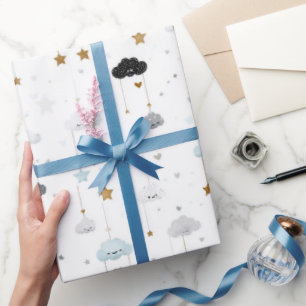 Blåa och gråa leende moln gyllene stjärnor presentpapper
