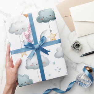 Blåa och gråa leende moln gyllene stjärnor presentpapper