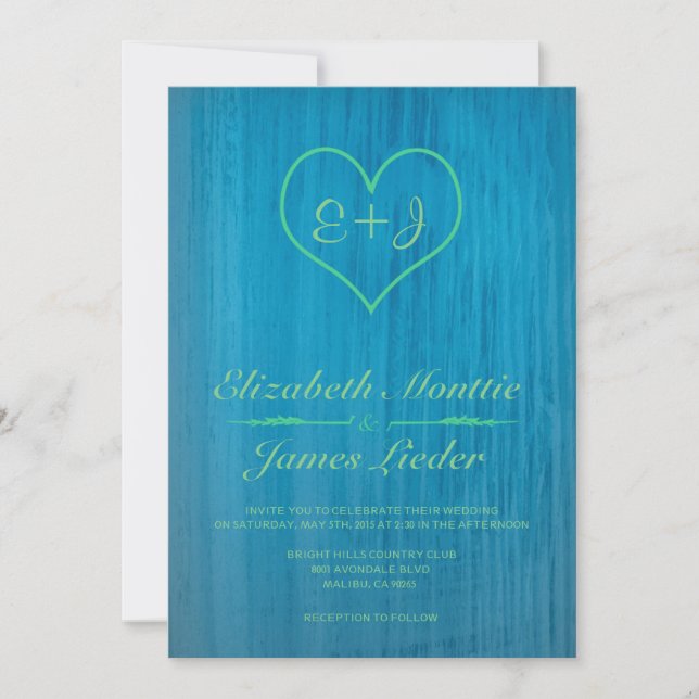 Blåa och gröna landhochzeitstidningar inbjudningar (Framsida)