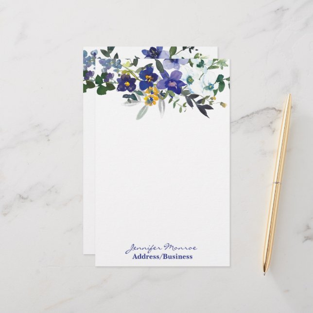 Blåa och gula akvarellblommor personliga brevpapper (Fram/Back In Situ)