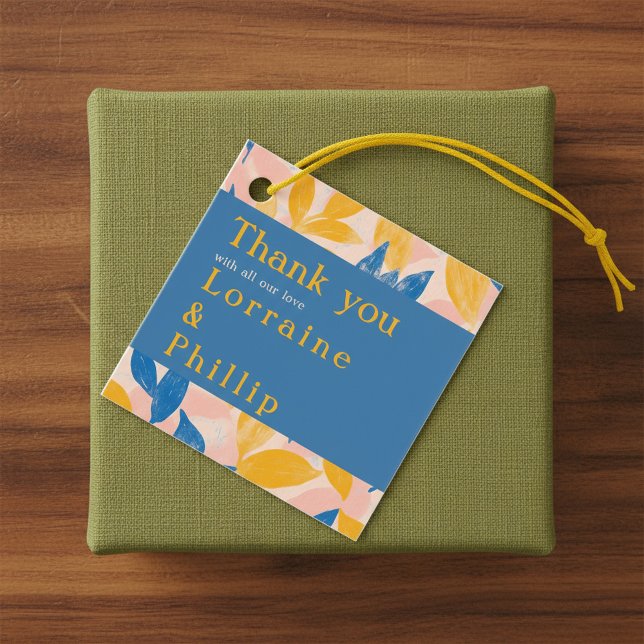 Blåa och gula bladiga botaniska bröllop tack gåvor etiketter (Blue and Yellow Leafy Botanical Wedding thank you Favor Tags.)