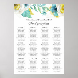 Blåa och gula blommor. Bröllopsplatskarta Poster