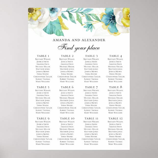 Blåa och gula blommor. Bröllopsplatskarta Poster (Framsidan)