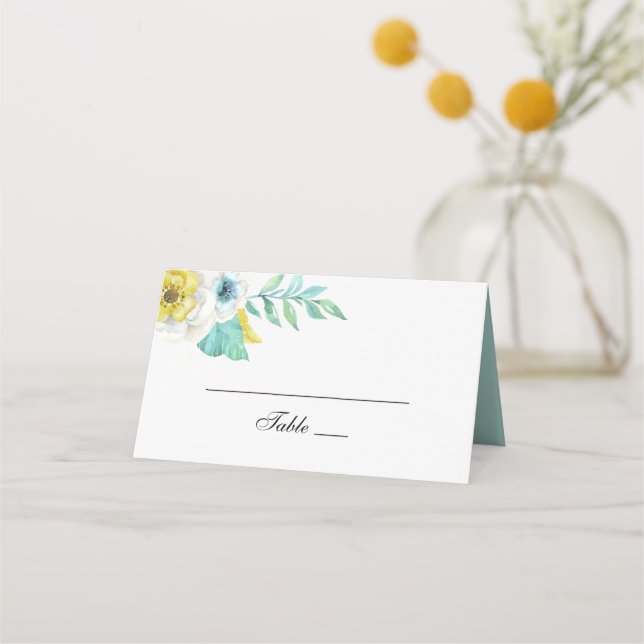 Blåa och gula blommor. Mint botanisk bröllop Placeringskort (Framsida)