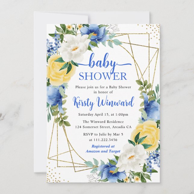 Blåa och gula blommor och guldram Babyshower Inbjudningar (Framsida)