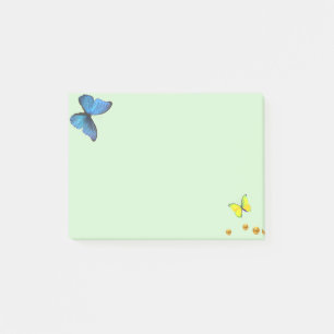 Blåa och gula fjärilar & guldkonfettiprickar post-it block