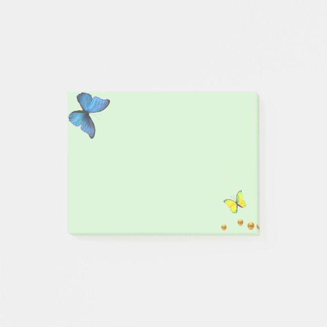 Blåa och gula fjärilar & guldkonfettiprickar post-it block (Framsida)