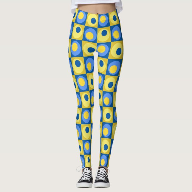 Blåa och gula prickar fyrkantiga geometriska Leggi Leggings (Framsida)