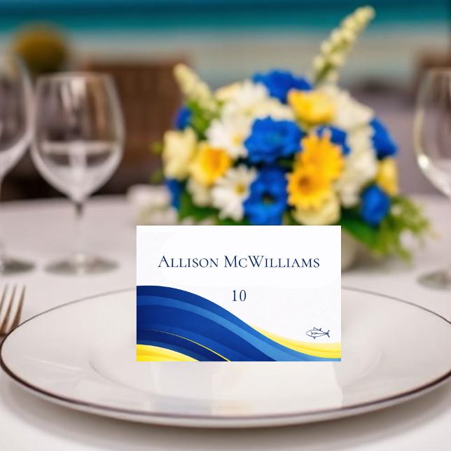 Blåa och gula vigselkort Fisk-ikon Bordsnummer (Blue and Yellow Wedding Place Cards Fish Icon)