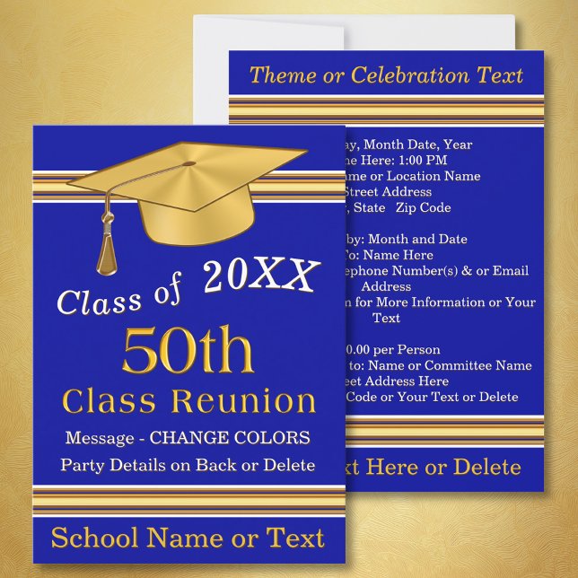 Blåa och Guld 50:e klassåterföreningsinbjudningar Inbjudningar (Customizable, 50th Class Reunion Invitations. Blue and Gold, 50 year class reunion invitations. )
