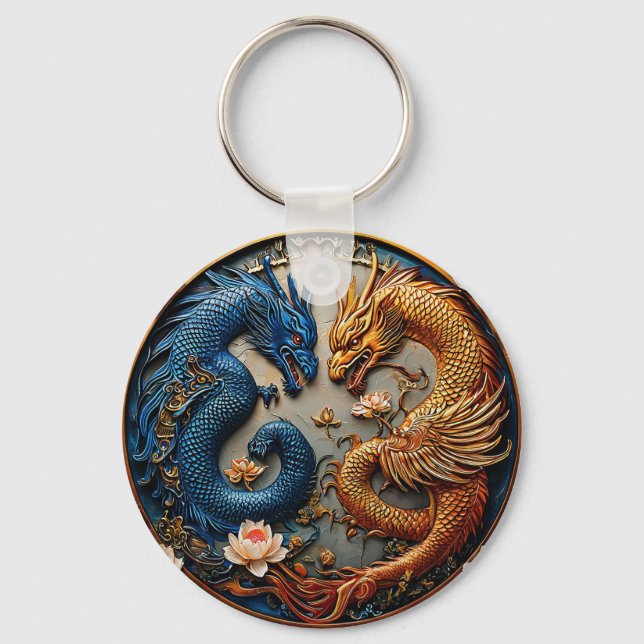 Blåa och gyllene drakar i Yin Yang-design Nyckelring (Framsida)