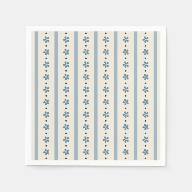 Blåa och krämfärgade ränder och blommor pappersservett (Framsidan)