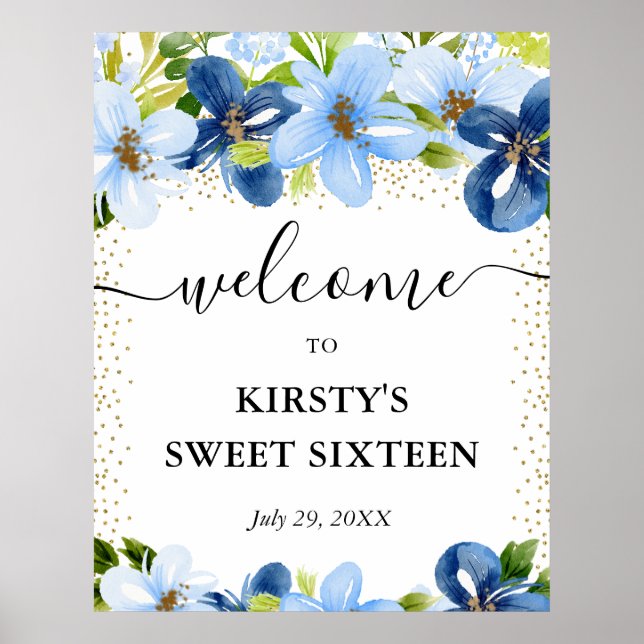 Blåa och Marinblå Blommor Sweet 16 Välkommen Poster (Framsidan)