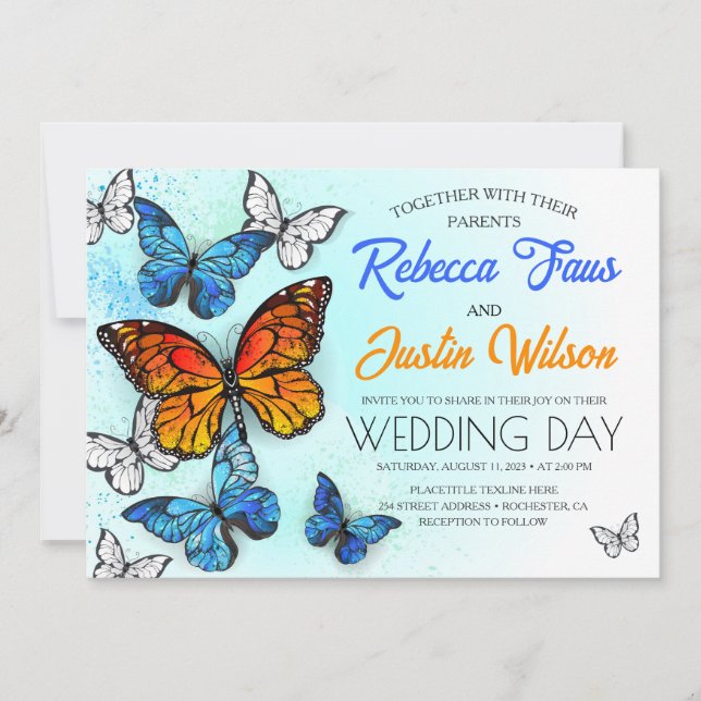 Blåa och orangefärgade fjärilar Morpho Monark Inbjudningar (Framsida)